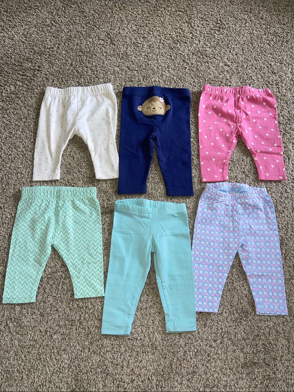 Bundle of 6 Baby Leggings - Navy, Pink, Mint, White, Aqua, Lavender Patterns